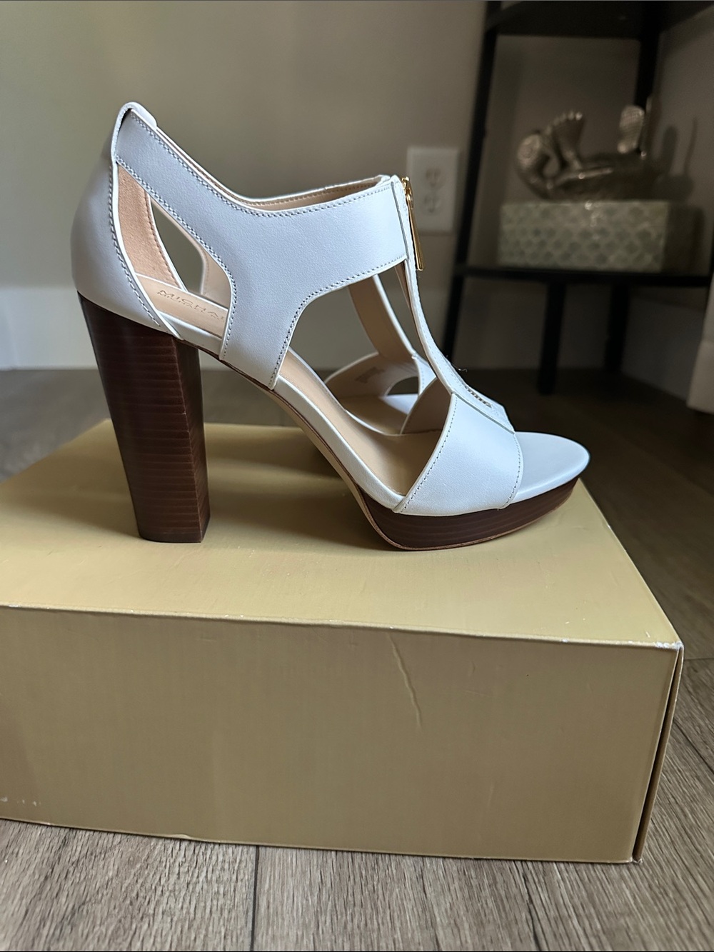 Michael Kors White Leather Zip-Front Block Heel Sandals with Brown Sole
